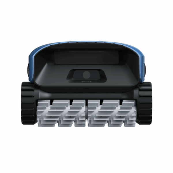 The BEATBOT A100 PLUS ROBO CLEANER is shown from the front, featuring black treads and white rotating brushes beneath its blue and black body, set against a white background.