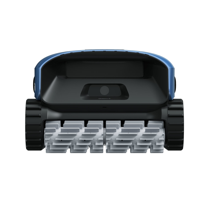 The BEATBOT A100 PLUS ROBO CLEANER is shown from the front, featuring black treads and white rotating brushes beneath its blue and black body, set against a white background.