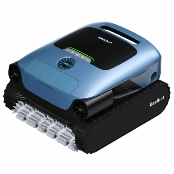 The BEATBOT A100 PLUS ROBO CLEANER is a blue and black robotic pool cleaner with tank-like tracks, brush rollers, a digital control panel on top, and the Beatbot logo on its side.