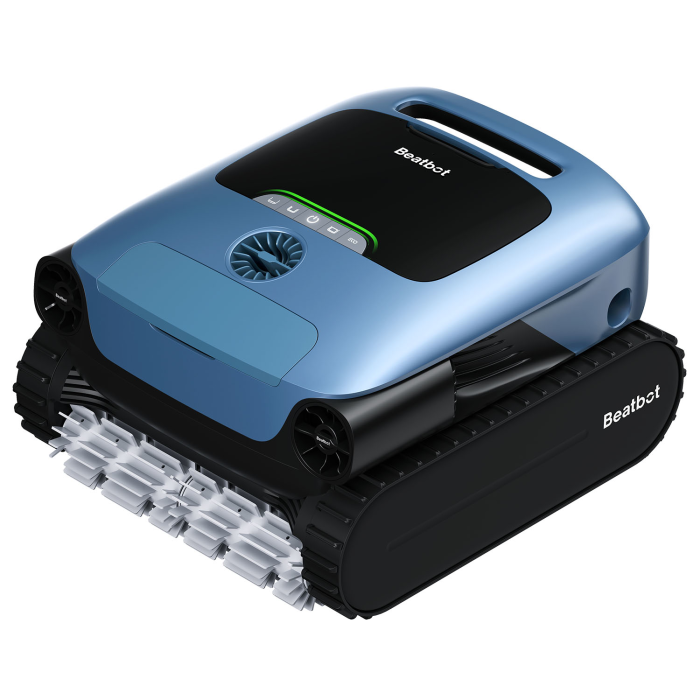 The BEATBOT A100 PLUS ROBO CLEANER is a blue and black robotic pool cleaner with tank-like tracks, brush rollers, a digital control panel on top, and the Beatbot logo on its side.