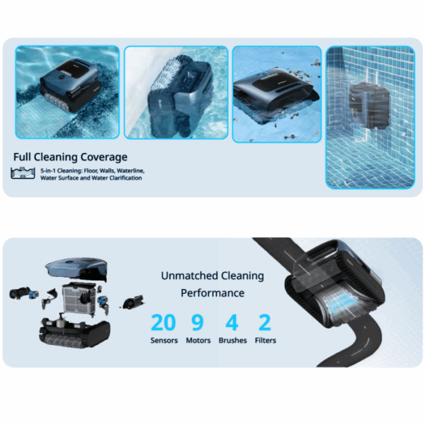 The BEATBOT A100 PLUS ROBO CLEANER is shown cleaning pool floors, walls, waterlines, and the surface. Featuring 20 sensors, 9 motors, 4 brushes, and 2 filters. Internal components are displayed in an exploded view.