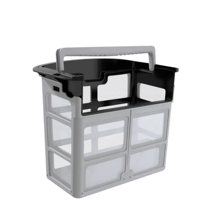 The BEATBOT A100 PRO BASKET is a gray and black rectangular plastic basket with a handle, mesh sides, and an open top, shown isolated on a white background.