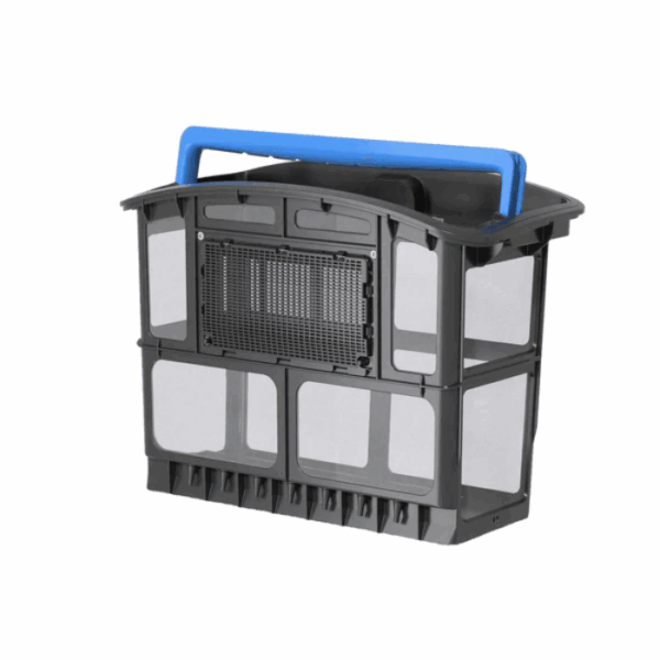 The BEATBOT A100 BASKET is a black and gray rectangular basket with mesh sides, a blue handle, and a solid base, ideal for filtration or storage.