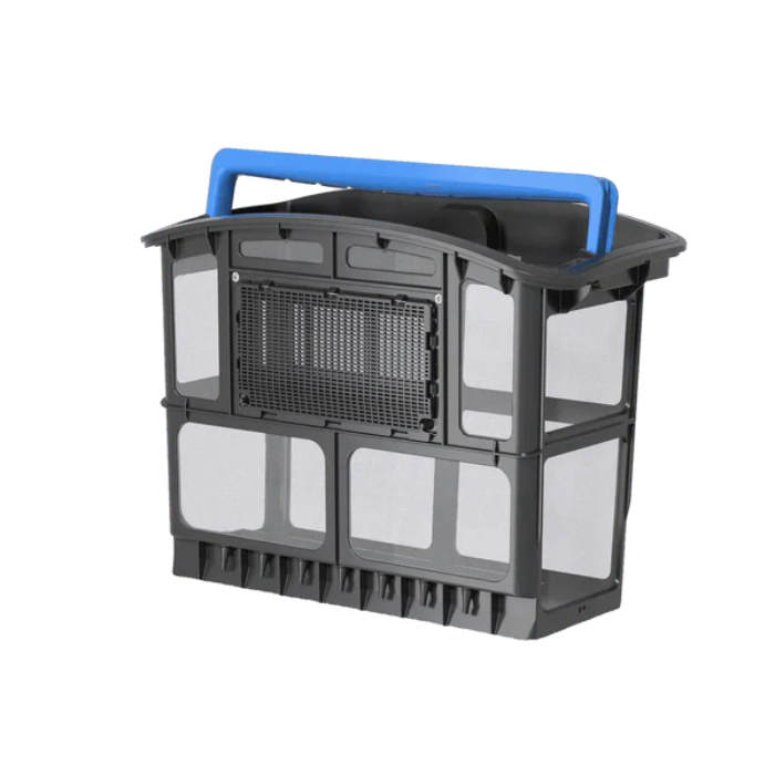 The BEATBOT A100 BASKET is a black and gray rectangular basket with mesh sides, a blue handle, and a solid base, ideal for filtration or storage.