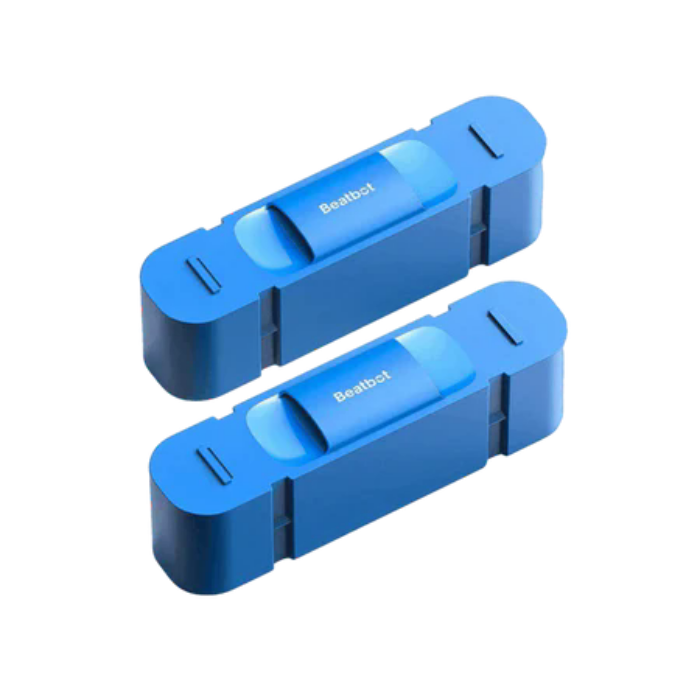 Two identical blue rectangular devices labeled BEATBOT A100 PRO CLARIFIER 2PC, each with rounded corners and a central sliding switch, are placed side by side on a white background.