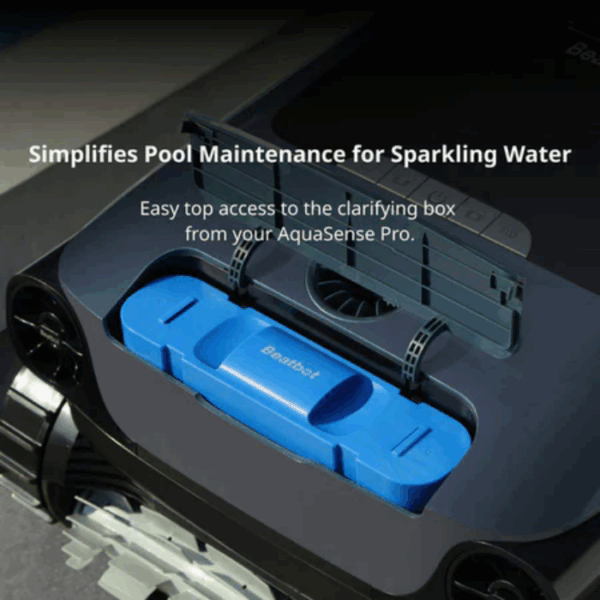Close-up of the BEATBOT A100 PRO CLARIFIER 2PC with its open top compartment and blue clarifying box inside. Text above reads, Simplifies Pool Maintenance for Sparkling Water and Easy Top Access to the Clarifier.