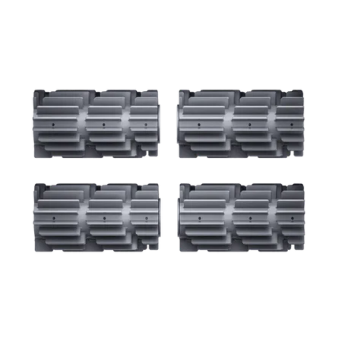 Four identical BEATBOT BRUSH SET black and gray rectangular rubber tracks with geometric tread patterns, arranged in two rows on a white background.