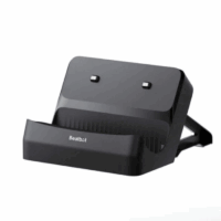 The BEATBOT CHARGING BASE, in black with a slanted design, features two rear charging contacts and a wide front cradle for devices, displayed on a plain white background.