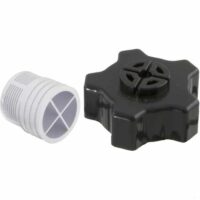 A Hayward Pro Series Drain Cap with Gasket (SX180LA), made of white plastic with threading, is shown beside a black plastic knob featuring a star shape and circular vents.