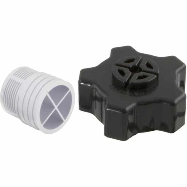 A Hayward Pro Series Drain Cap with Gasket (SX180LA), made of white plastic with threading, is shown beside a black plastic knob featuring a star shape and circular vents.