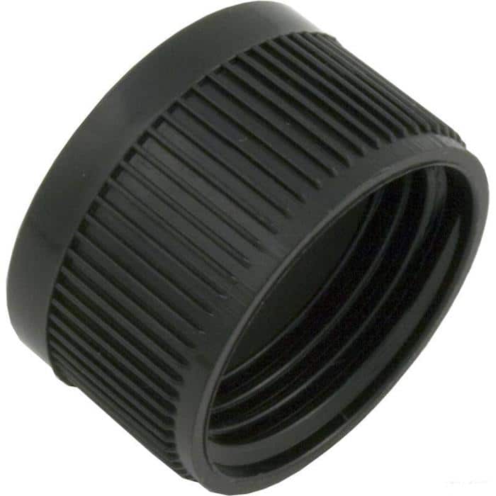 The Hayward Drain Cap Kit (SX200Z8A) is a black, cylindrical plastic cap with vertical grip ridges and internal threads, designed to screw onto a compatible container or fitting.