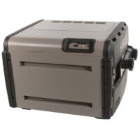 The HEATER-HAY-200BTU NG IND DRAFT is a rectangular, gray and black pool heater featuring a front digital control panel and two large side pipe connections.