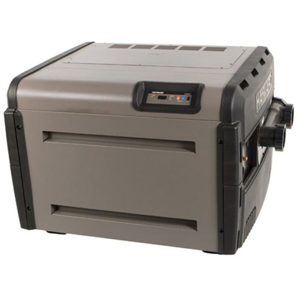 The HEATER-HAY-200BTU NG IND DRAFT is a rectangular, gray and black pool heater featuring a front digital control panel and two large side pipe connections.