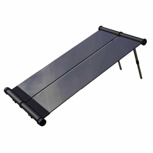 The iSolar - Solar Heater is a black, rectangular solar panel featuring two supporting legs at one end, positioned at an angle against a white background.