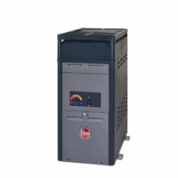 A gray and black Rheem 105k BTU Natural Gas Heater features a digital control panel and temperature dial on the front, with the Rheem logo near the bottom.
