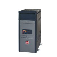A HEATER-RAY-105K BTU LP ANALOG gas pool heater with an analog temperature dial in a rectangular black and gray metal casing is shown on a white background.