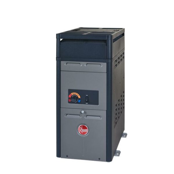 A HEATER-RAY-105K BTU LP ANALOG gas pool heater with an analog temperature dial in a rectangular black and gray metal casing is shown on a white background.