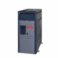 The 150K BTU Raypak Digital Propane Heater features a gray and black boxy design, vented sides, a front control panel, and the red Raypak logo. Its built for outdoor installation.