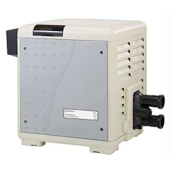 The 125K BTU Master Temp Natural Gas Heater features a beige and gray rectangular design, side vents, a flat top, and two black water pipe connections on the lower right front. It sits on a white background.