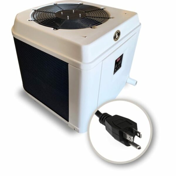 The White Knight Heat Pump-40k BTU 110v is a white, box-shaped device with black vented panels, a control panel, and an inset detail of a standard black power plug.