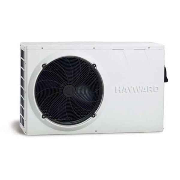 The HP50HA Heat Pump is a white, rectangular unit by Hayward featuring a large black circular front fan and side vents, designed for outdoor use.