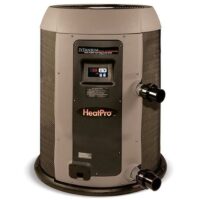The HEAT PUMP-HAY-110K BTU is a cylindrical pool heater with a brown and black design, featuring a digital display panel and two side plumbing connections.