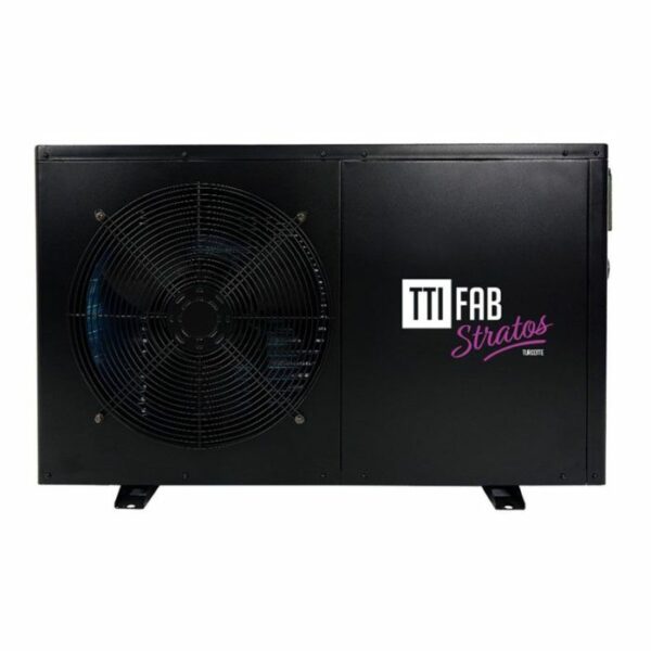 A black rectangular HEAT PUMP-TTI STRATOS 65K with a large circular fan on the left and TTI FAB Stratos branding on the right side, viewed from the front.