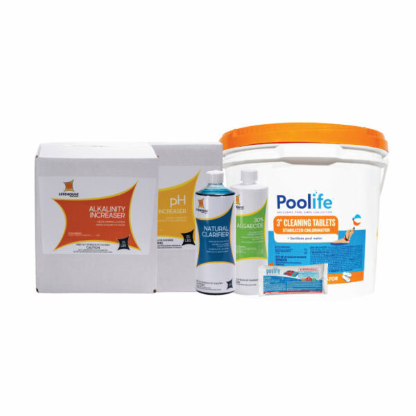 The Chlorine-Large Tab 20K Gal Kit includes a range of pool care essentials: alkalinity increaser, pH increaser, algaecide, clarifier, cleaning tablets, and shock treatment in various containers and packaging.