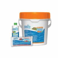 The Poolife MPT 21 Lbs Kit includes a white bucket with an orange lid, a green-capped DEFEND+ bottle, and a TURBOSHOCK packet—all designed for pool care and maintenance.