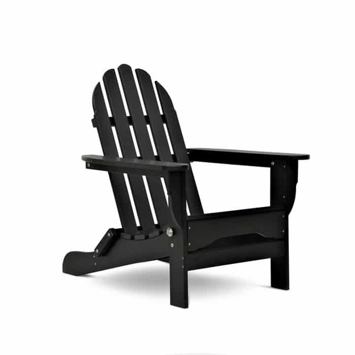 The Adirondak Chair (Black) features wide armrests and a slatted backrest, shown against a white background.