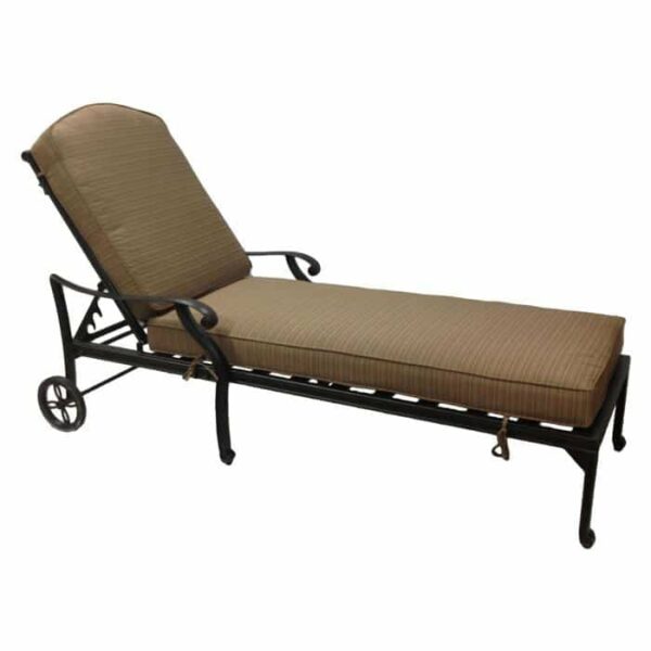 The Castle Rock Chaise with Cushion features a brown cushioned seat, metal frame, curved armrests, and two rear wheels for easy movement.