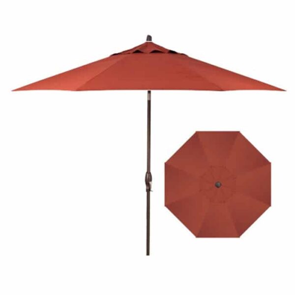 The 9 Octagon Umbrella in Auburn features a large, round canopy with a central pole, displayed from both a side view and a top-down perspective for outdoor patio use.