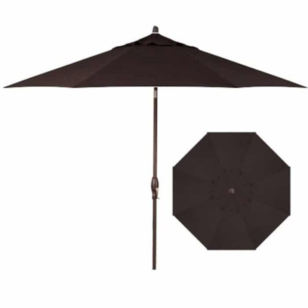 The 9 Octagon Umbrella - Walnut features a central pole and crank handle, shown from the side and above to display its large, dark brown canopy with an octagonal shape.