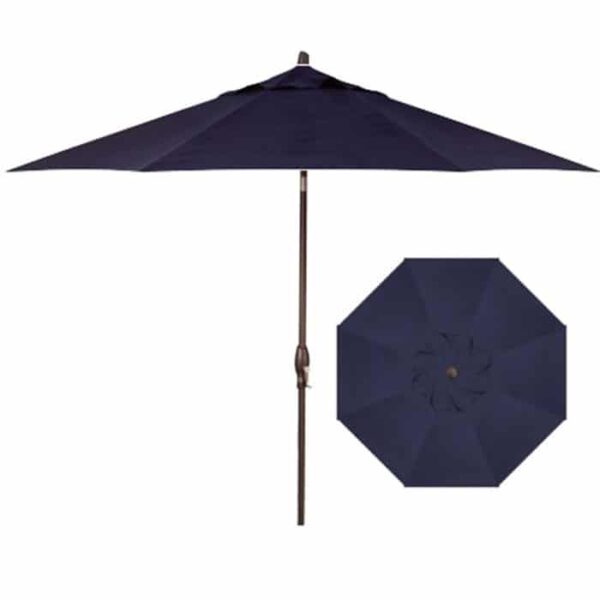 The 9 Octagon Umbrella in navy features a large, circular canopy and a central pole. The image displays both a side and top-down view, highlighting its wide coverage for outdoor patio use.