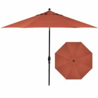 The 9 Octagon Umbrella - Terra Cotta is featured with a central pole. One image shows it fully open from the side, while another gives a top-down view to highlight its octagonal shape and rich terra cotta color.