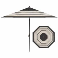 The 11 Octagon Umbrella in Latte & Black features bold concentric stripes in black, white, and gray, displayed from both a side and top view.
