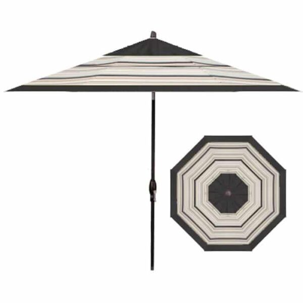 The 11 Octagon Umbrella in Latte & Black features bold concentric stripes in black, white, and gray, displayed from both a side and top view.