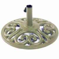 The Medici Umbrella Base - Champagne features a decorative, round metal design with ornate scrollwork and a vertical tube to hold the umbrella pole. Finished in an elegant champagne color.