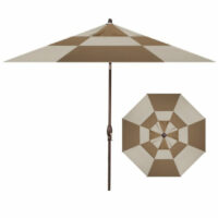 The Umbrella 9FT Brnz/Coco/A.Beige features alternating beige and brown triangular panels, a central pole, and a crank handle. It is shown from both side and top views.