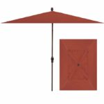 8 x 10 Rectangle Umbrella in Auburn, featuring a rust-red canopy and dark central pole, displayed from side and top-down views.