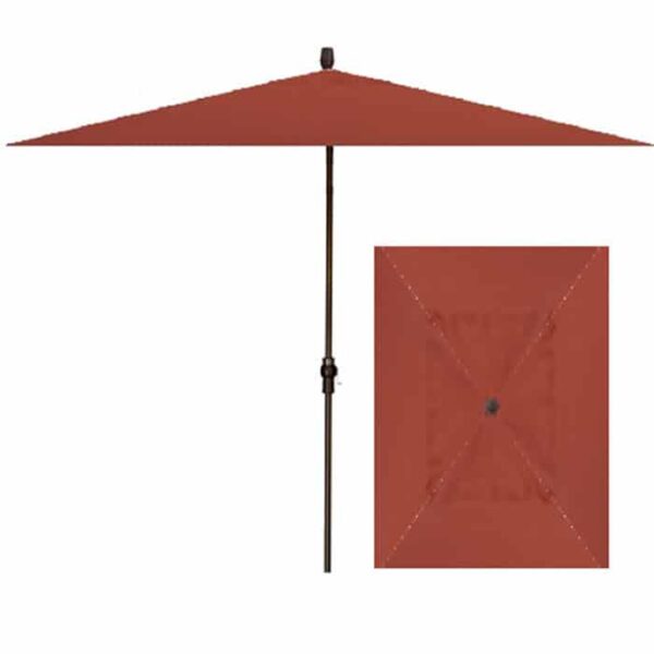8 x 10 Rectangle Umbrella in Auburn, featuring a rust-red canopy and dark central pole, displayed from side and top-down views.