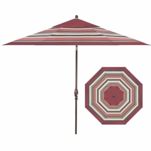 The 11 Octagon Umbrella - Auburn & Sedona Stripe features alternating red, beige, and brown stripes, shown from side and top views. It includes a central pole and crank handle for easy operation.