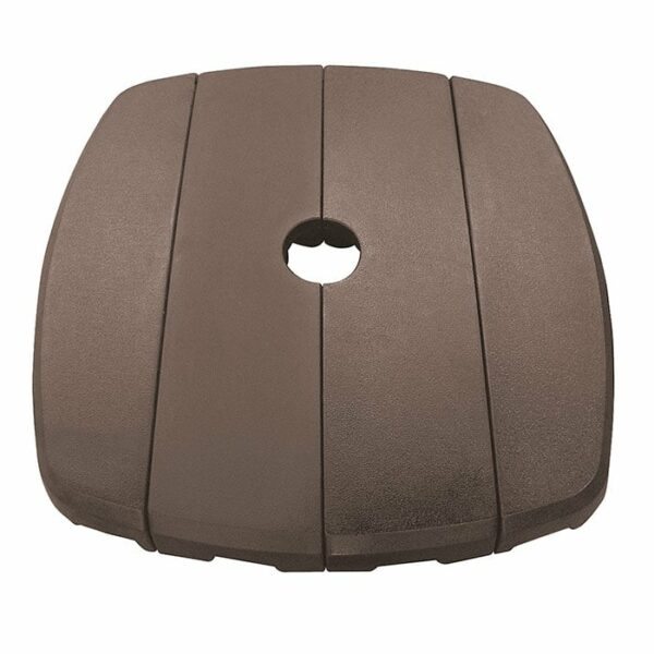 The Resin Umbrella Base - Bronze is a brown, square plate with a textured, segmented surface and central hole, designed to securely hold your patio umbrella pole in place.