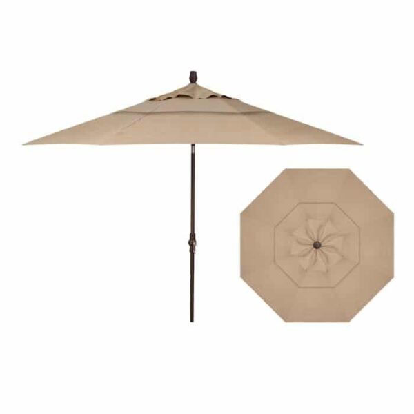 The Umbrella 11FT Octagon Bronze/Sand features a central pole, octagonal shape, and vented top. Shown from the side and above in beige/sand color.