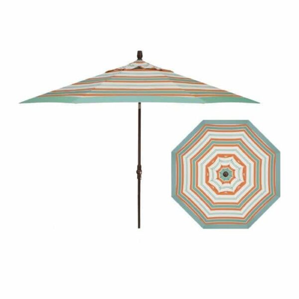The Umbrella 11FT BRONZE/CCSTRIPE/SEASPRAY features turquoise, orange, and white stripes on an octagonal canopy. Shown open from the side and top-down, it has a dark central pole.