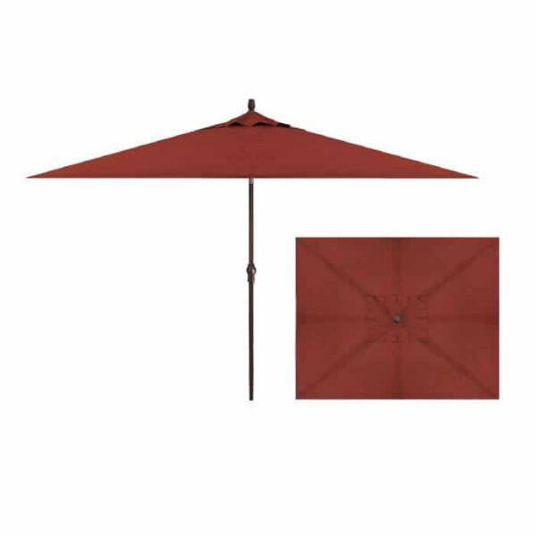 The Umbrella 8x10 Rectangle Bronze/Henna is a large, red outdoor patio umbrella with a straight pole, shown from the side and in an inset top-down view.