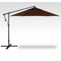The 10 Octagon Cantilever - Chocolate features a large brown angled canopy, supported from the side by a metal frame with cross base, shown open against a plain white background.