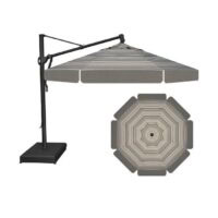 The Cantilever 13FT BLK/MCSTRP/SLT features an octagonal canopy with alternating gray, beige, and light brown stripes, plus a black stand and base. Shown in both side and top views.