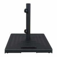 The Monaco Umbrella Base with Wheels - Black features a central pole with two tightening knobs, a rectangular cutout for easy lifting, and wheels for enhanced portability, making it ideal for securing outdoor umbrellas.