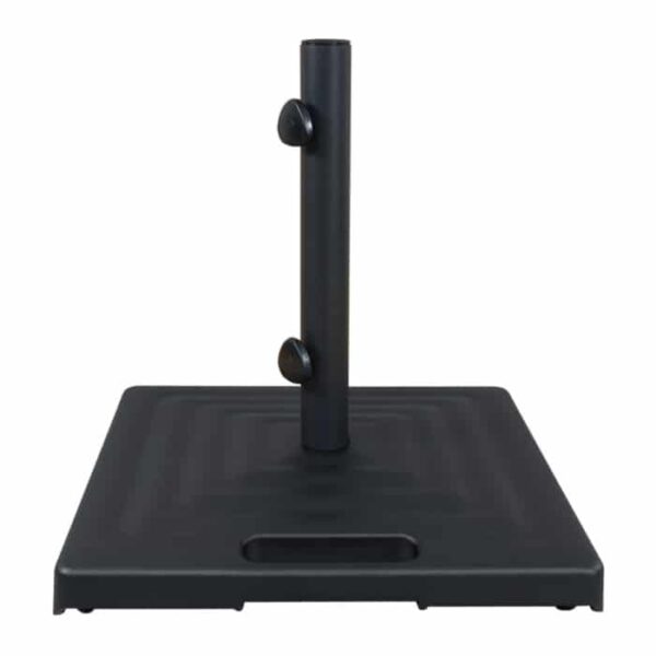 The Monaco Umbrella Base with Wheels - Black features a central pole with two tightening knobs, a rectangular cutout for easy lifting, and wheels for enhanced portability, making it ideal for securing outdoor umbrellas.